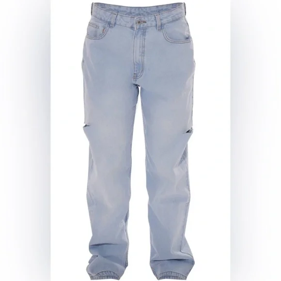 PrettyLittleThing Boyfriend Jeans Light Wash Thigh Split Denim Blue Size 6 - Picture 6 of 16